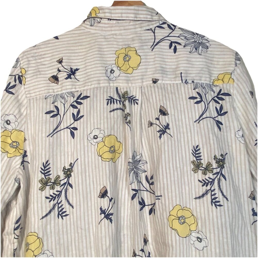 Charter Club Blue Yellow Floral Linen Button Down Shirt Size L Lagenlook Cottage - Picture 7 of 10